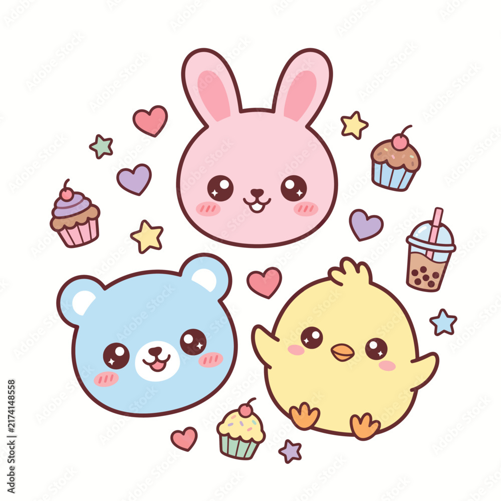 Fototapeta premium Adorable kawaii cartoon animals with pastel colors surrounded by hearts, cupcakes, and stars for cheerful branding and digital content
