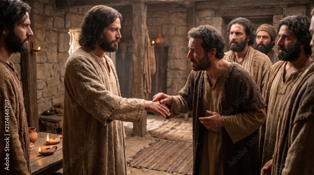 Obraz premium Jesus Greets a Man Inside Candlelit Stone Shelter