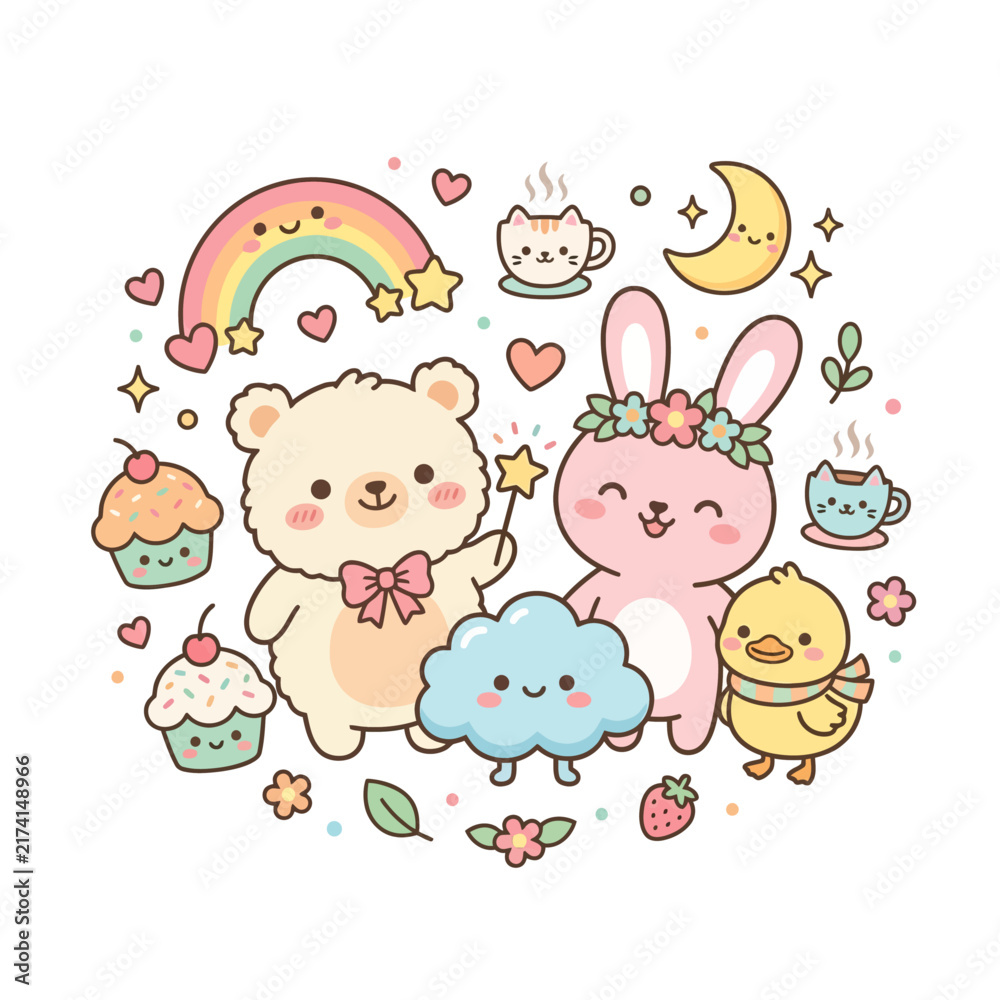 Fototapeta premium Adorable cartoon animals celebrating with pastel treats and dreamy accessories in a whimsical fairy setting