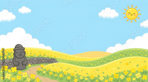 Whimsical landscape with cartoon stone statue yellow flowers and sunny sky in a cheerful background setting