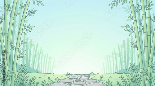 Peaceful bamboo path under a clear blue sky surrounded by a calm natural environment