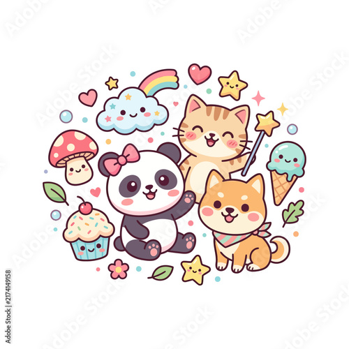 Chibi-style cartoon animals holding ice cream and rainbow accessories in playful whimsical scene