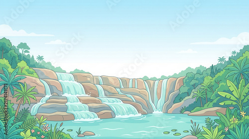 Tranquil waterfall scene framed by vibrant tropical plants beneath a bright clear sky