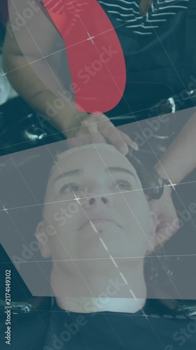 Animation of statistical data processing against caucasian womam getting a hair wash at salon