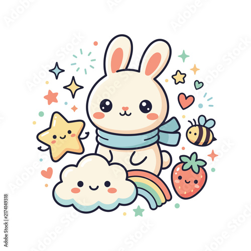 Adorable cartoon bunny with rainbow tail surrounded by playful stars, clouds, and fruits in cheerful kawaii style