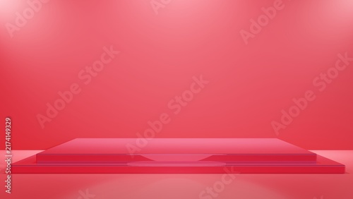 Layered red platforms form a geometric 3d podium against a smooth pink gradient with soft diffused lighting and subtle reflections