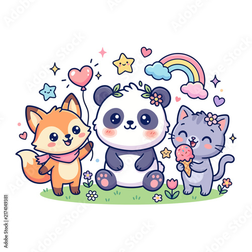 Cute cartoon animals sitting together holding balloons under a rainbow in a cheerful outdoor scene