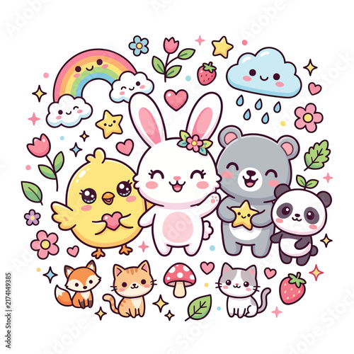 Cute cartoon animals group hugging with flowers, hearts, and whimsical background for cheerful branding and social media