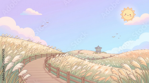 Tranquil scenery featuring a winding path through lush green hills beneath a vibrant sky and radiant sun