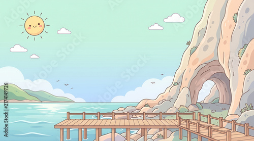 Serene coastal landscape with wooden pier and bright sunny sky overlooking tranquil waters and rocky cliffs