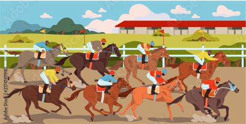 Horse racing at professional racetrack with jockeys riding thoroughbreds. Vector prepared hippodrome course with fencing, trees and equestrian facilities. Competition, athleticism and speed