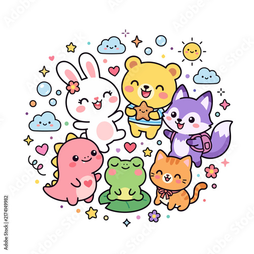 Adorable cartoon animal friends hugging together in a cheerful cosmic background with stars and clouds