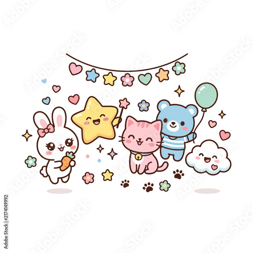 Cute cartoon animal friends celebrating with heart balloons and confetti under a festive banner
