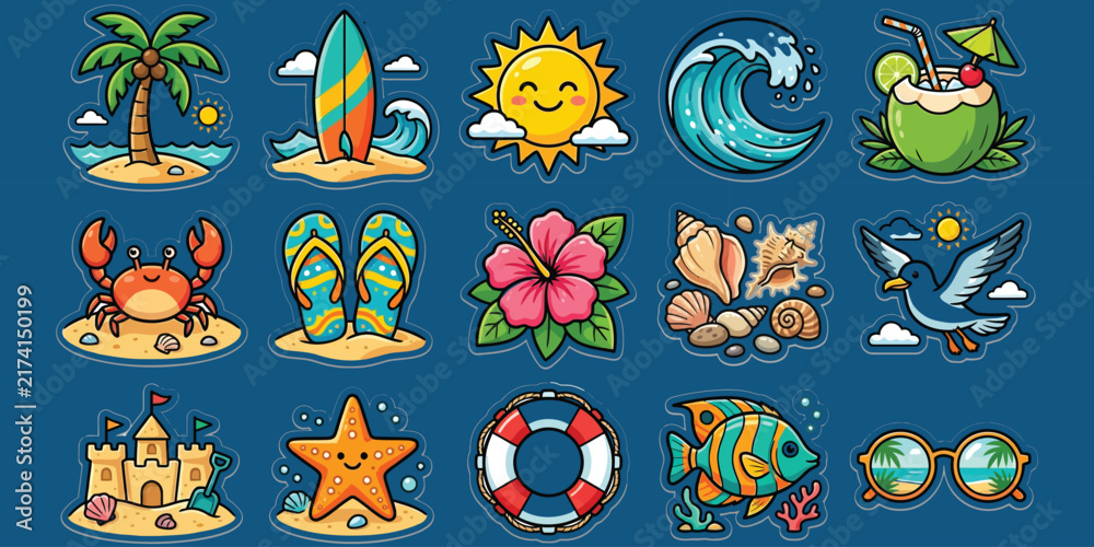 Fototapeta premium Summer vacation sticker set with tropical elements including palm tree surfboard cocktail for beach holiday activities.