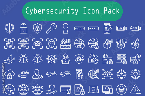 Cybersecurity icon pack with outline style various symbols on a blue background and green banner.