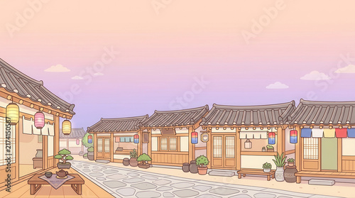 Beautiful traditional korean hanok village during sunset featuring vibrant lanterns and a picturesque pathway