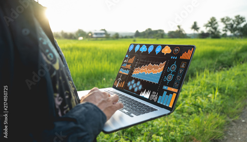 Person using laptop with data analytics on screen in green field, showcasing technology in agriculture