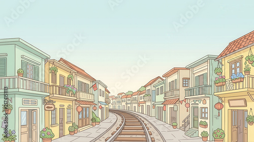 Picturesque streets lined with vibrant houses and railway tracks beneath a gentle sky