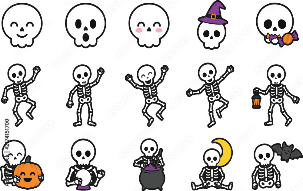 Obraz premium Halloween Vector Elements Collection with Ghosts, Pumpkins, Bats and Witch Hats