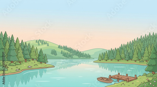 Tranquil lakeside view featuring vibrant green pine trees and rolling hills beneath a soothing pastel sky