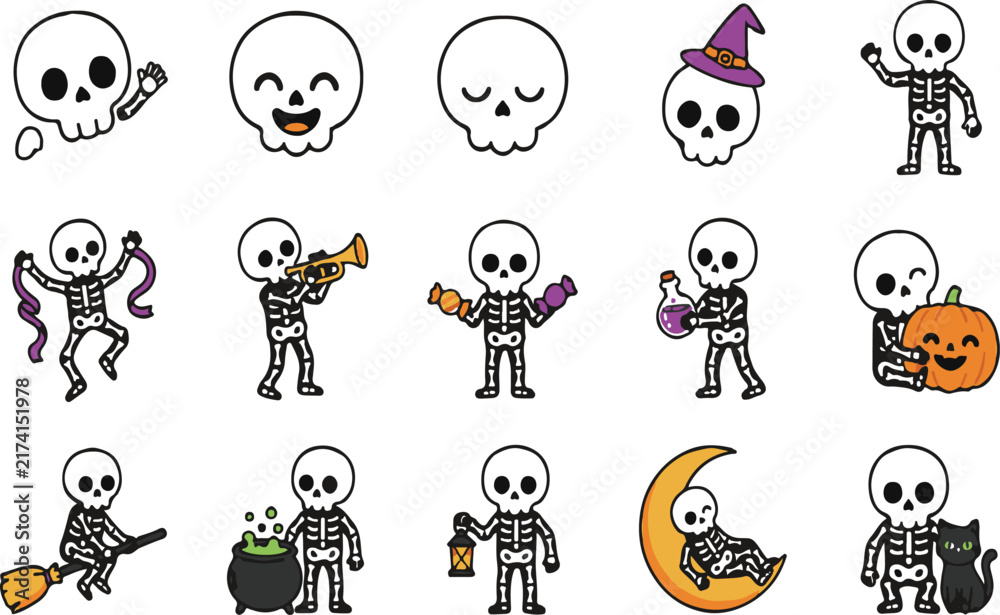 Obraz premium Halloween Vector Elements Collection with Ghosts, Pumpkins, Bats and Witch Hats