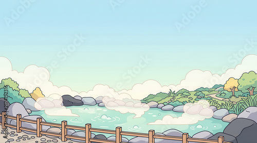 Tranquil hot spring setting surrounded by vibrant greenery and soft mist beneath a bright clear sky