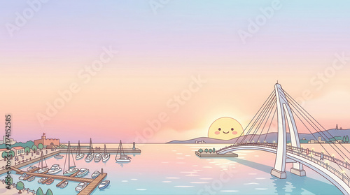 Breathtaking sunset illuminating a tranquil marina with a picturesque bridge and boats in a peaceful coastal setting