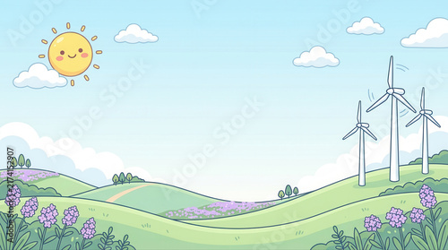 Bright landscape featuring wind turbines surrounded by colorful flowers beneath a clear blue sky
