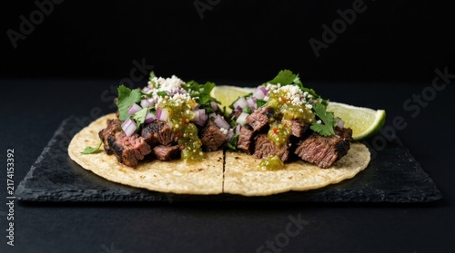 Delicious grilled steak tacos with fresh toppings and lime wedges