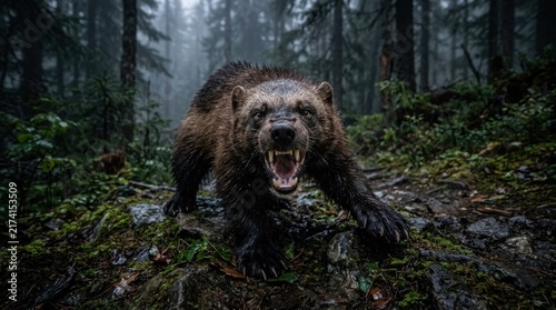 Aggressive wolverine snarling in a dark, misty forest on mossy ground