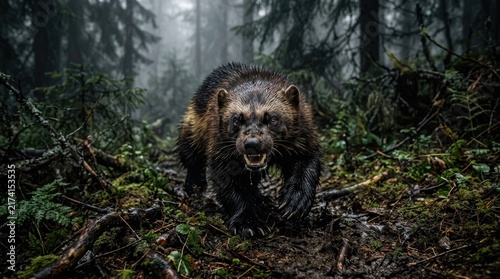 Ferocious wolverine animal aggressively approaching through a dark, foggy forest.