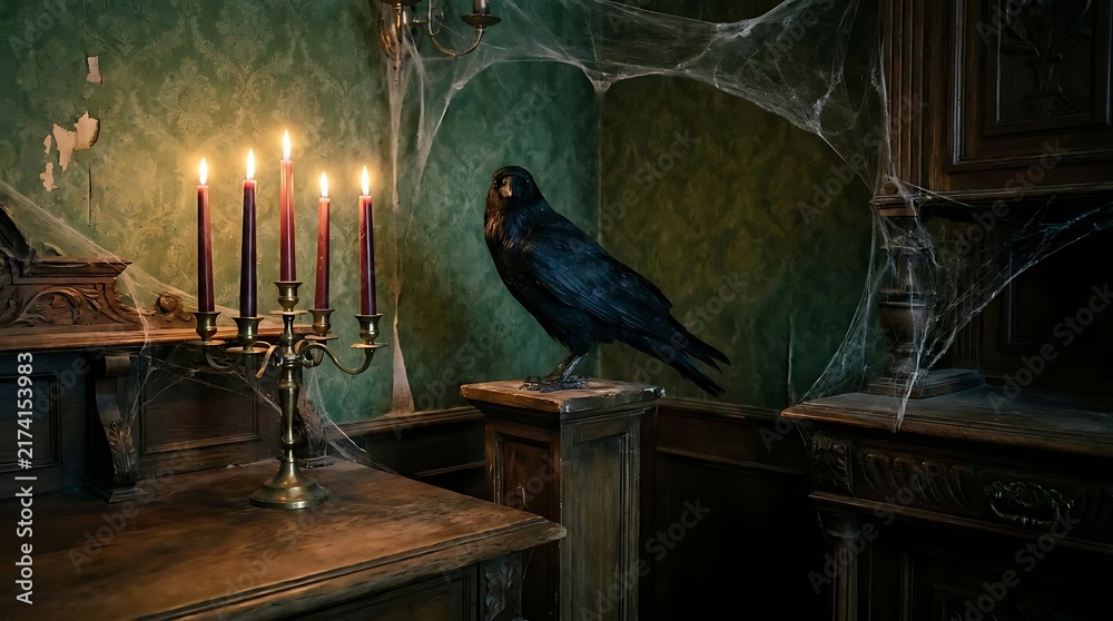 Obraz premium Black raven and lit candles in dark vintage room