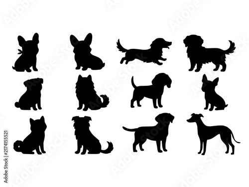 Collection of diverse dog silhouettes in different breeds and poses, isolated on a white background. Ideal for pet graphics, logos, stickers, icons, and animal-themed designs