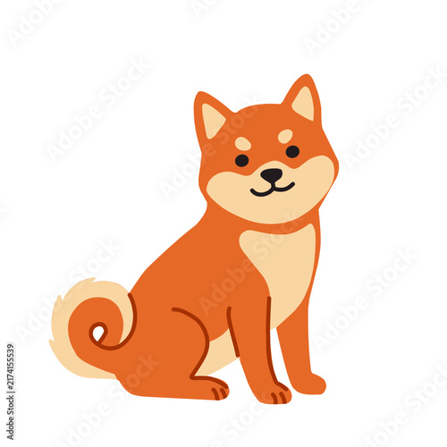 Cute orange Shiba Inu sitting with a curled tail and cheerful expression, isolated on white background, cartoon vector illustration for pet and dog designs