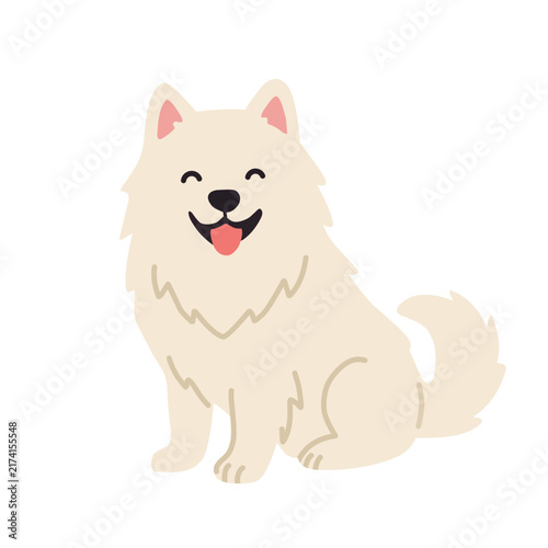 Cute fluffy white Samoyed standing with a happy expression and curled tail, isolated on white background, cartoon vector illustration for pet and dog designs