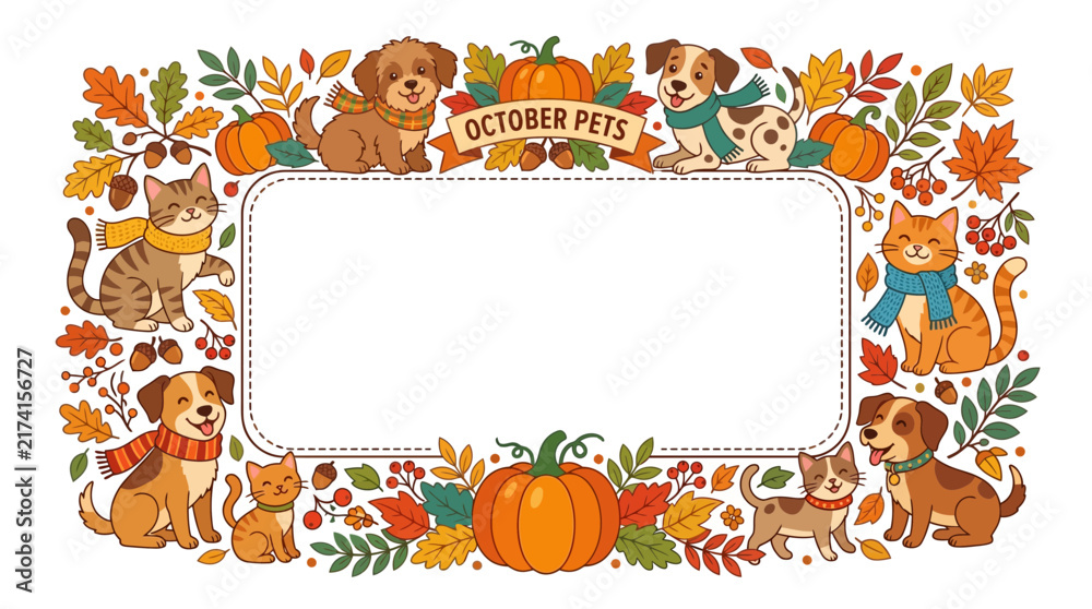 Fototapeta premium October Pets Autumn Theme Frame Illustration