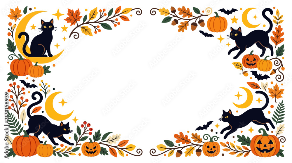 Fototapeta premium Halloween Frame with Black Cats and Pumpkins on Transparent