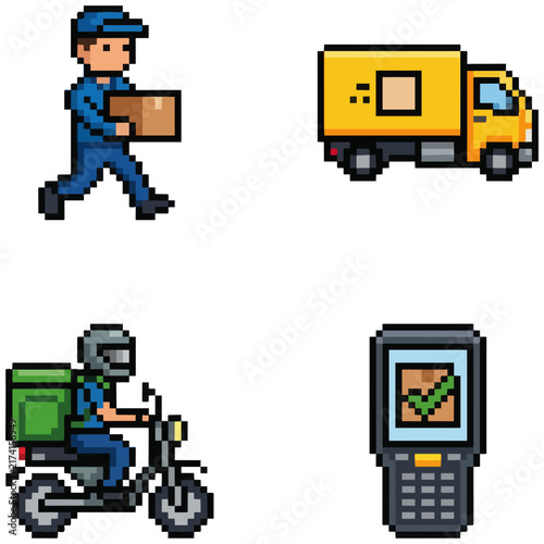 Pixel Art Delivery Service Icon Set with Courier Carrying Box, Yellow Truck, Motorcycle and Scanner