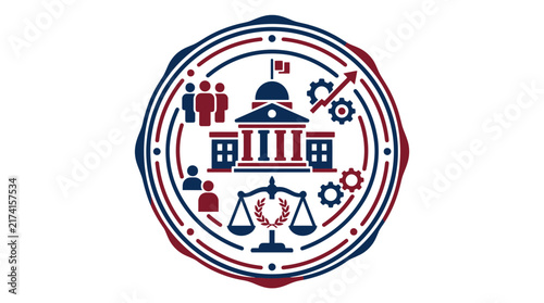 Foto Government Building Emblem with Scales of Justice and Gears