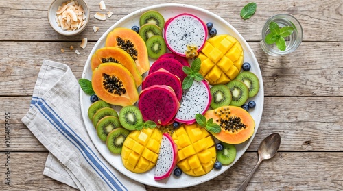 Fresh tropical fruit platter with papaya, dragon fruit, mango, kiwi, blueberries, and coconut flakes on a wooden table for healthy diet concept