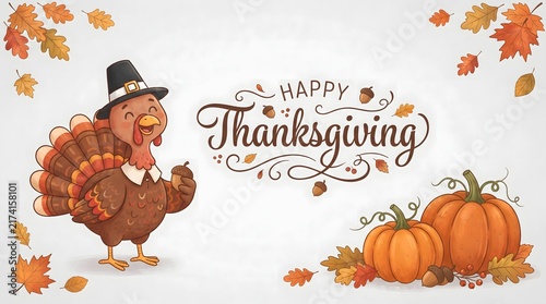 Happy thanksgiving concept with a turkey wearing a pilgrim hat and pumpkins surrounded by autumn