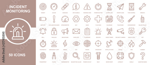 Professional set of fifty incident monitoring outline icons for security systems and technical emergency management software dashboard