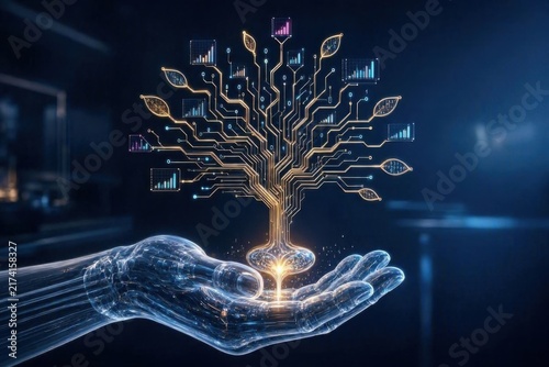 Conceptual glowing digital seed sprouting into a neural network tree representing AI business growth.
