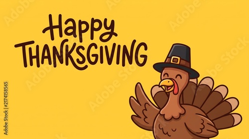 Happy thanksgiving background with cute cartoon turkey in pilgrim hat on yellow