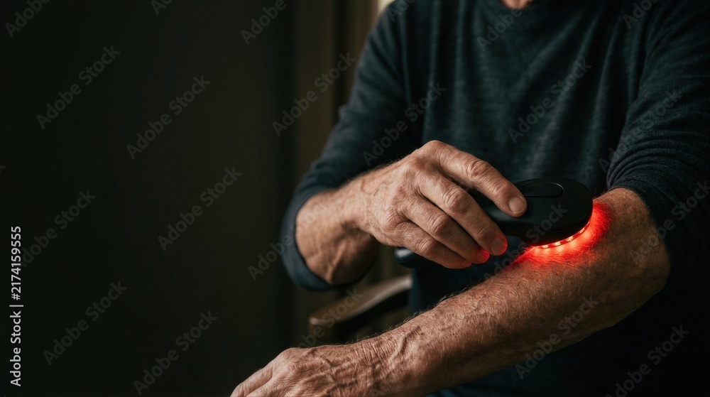Fototapeta premium Senior man using red light therapy device on elbow at home. Photobiomodulation treatment for pain relief. Alternative medicine and health care for elderly people.
