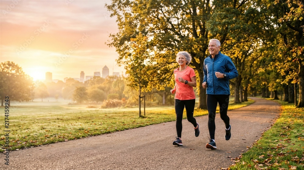 Obraz premium Senior couple jogging in autumn park at sunrise. Happy retired man and woman running together outdoors. Active lifestyle, healthy aging and fitness for elderly people concept.