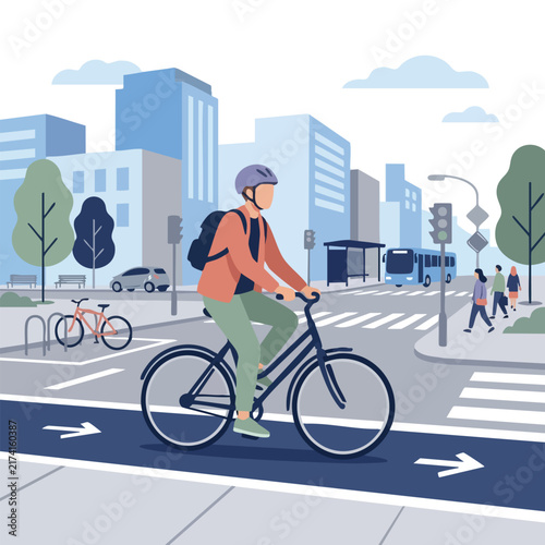 Bild auf Leinwand Flat vector illustration of a person riding a bicycle along a dedicated city bike lane