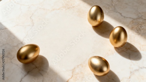 Golden Metallic Capsules Scattered Across a Sunlit Marble Surface