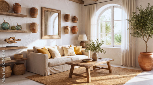 Cozy rustic living room with earthy decor and natural light streaming through arched window with inviting living space blending neutral toned furniture earthy