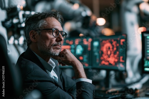 Engineer with graying hair wearing sleek black glasses rests chin on hand while thoughtfully observing glowing robotic automation screens in an advanced manufacturing facility.